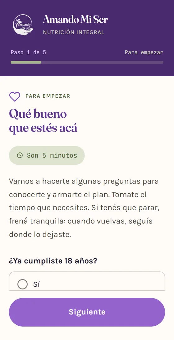 El formulario de inscripción en un celular, en el paso 1 de 5.